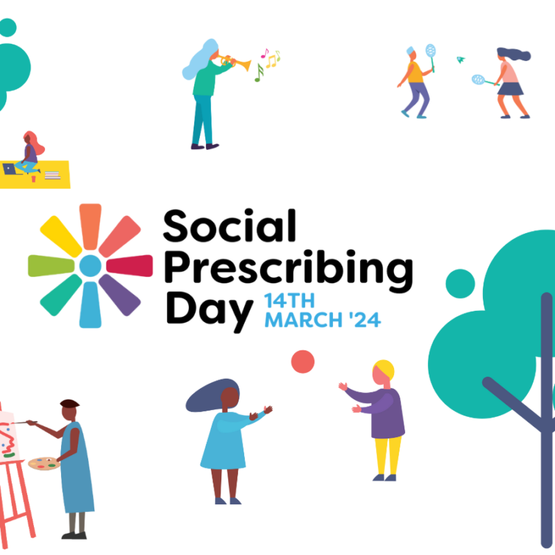 Illustration of lots of people taking part in activities, on their own and with other people, including playing a musical instrument going for a run, and taking a picnic in the park. The text reads: Social Prescribing Day, 14th March '24